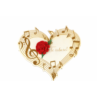 Musical Heart I Love You – engraved wood, handmade flower
