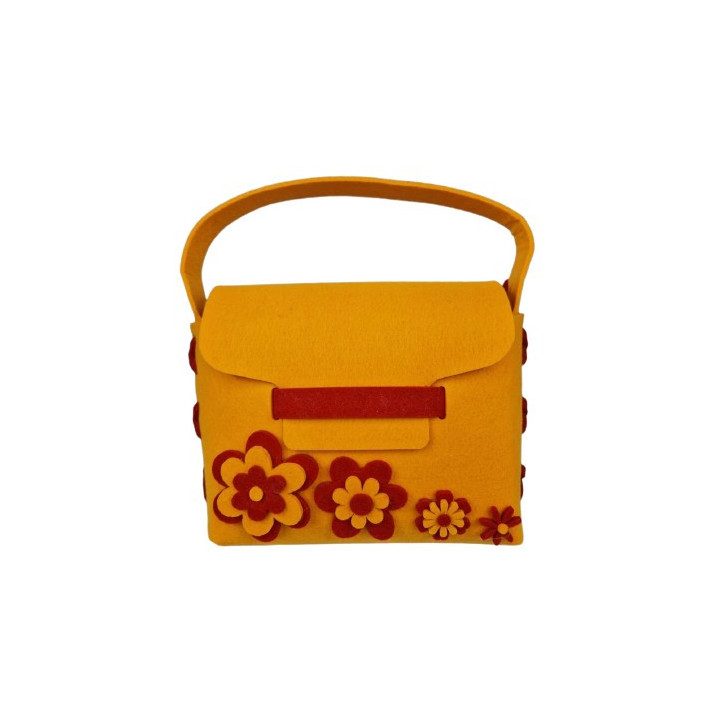 Geanta handmade fetru galben cu flori rosii decorative
