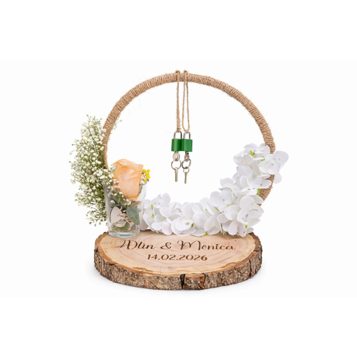 Suport verighete rustic personalizat Arcul iubirii