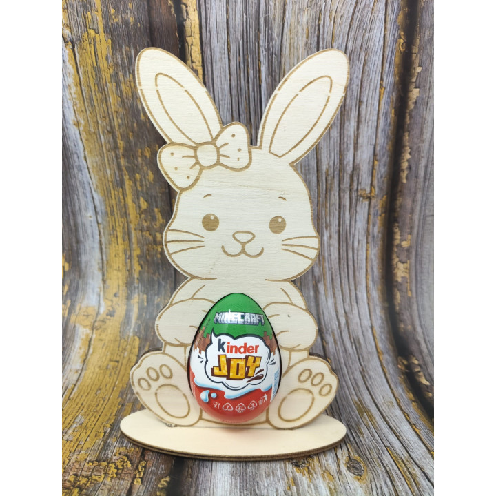 Iepuraș din lemn cu fundiță suport ou Kinder personalizat