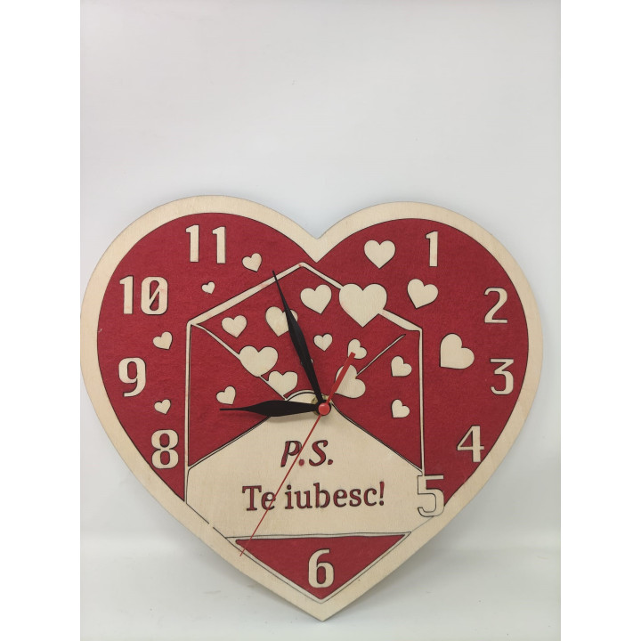 Herz-Wanduhr P.S. Ich liebe dich aus Holz & Filz, 30 cm