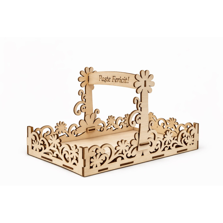 Coș Decorativ de Paște din Lemn cu Mâner – Model Floral