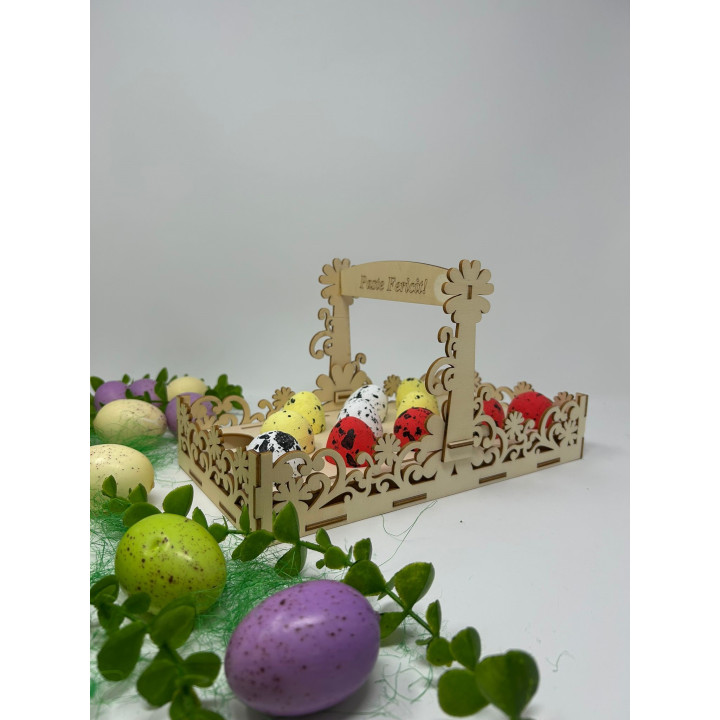 Coș Decorativ de Paște din Lemn cu Mâner – Model Floral