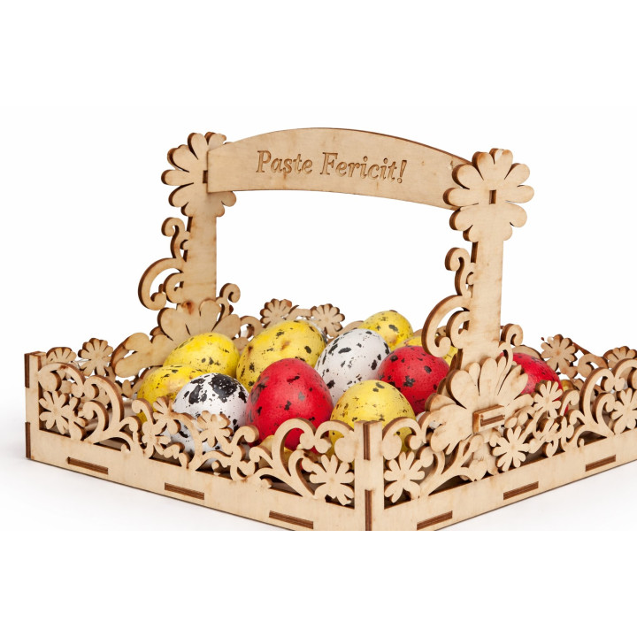 Coș Decorativ de Paște din Lemn cu Mâner – Model Floral