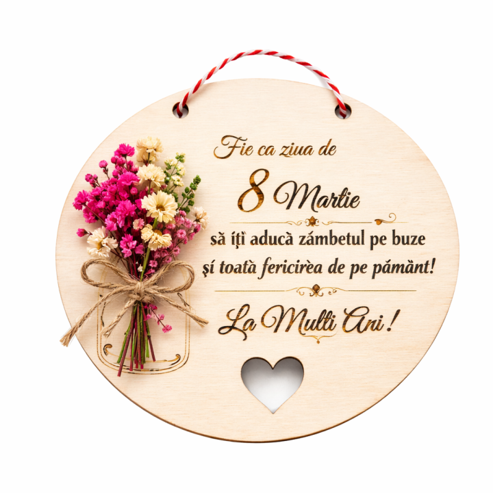 Women's Day plaque with dried flowers – engraved message