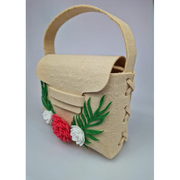 Geanta handmade fetru cu flori roz si albe