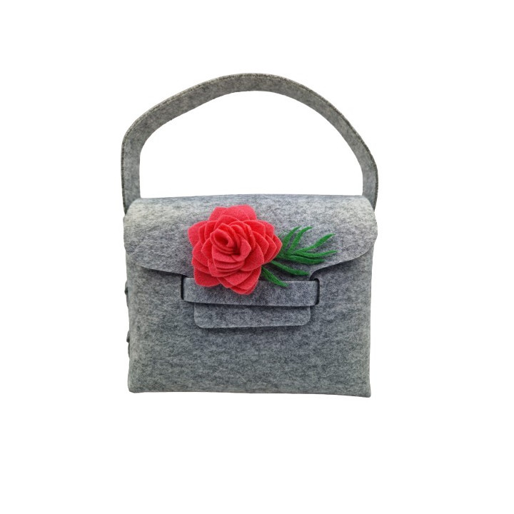 Geanta handmade fetru gri cu trandafir rosu mare