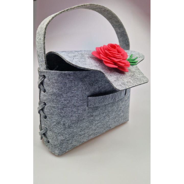 Geanta handmade fetru gri cu trandafir rosu mare