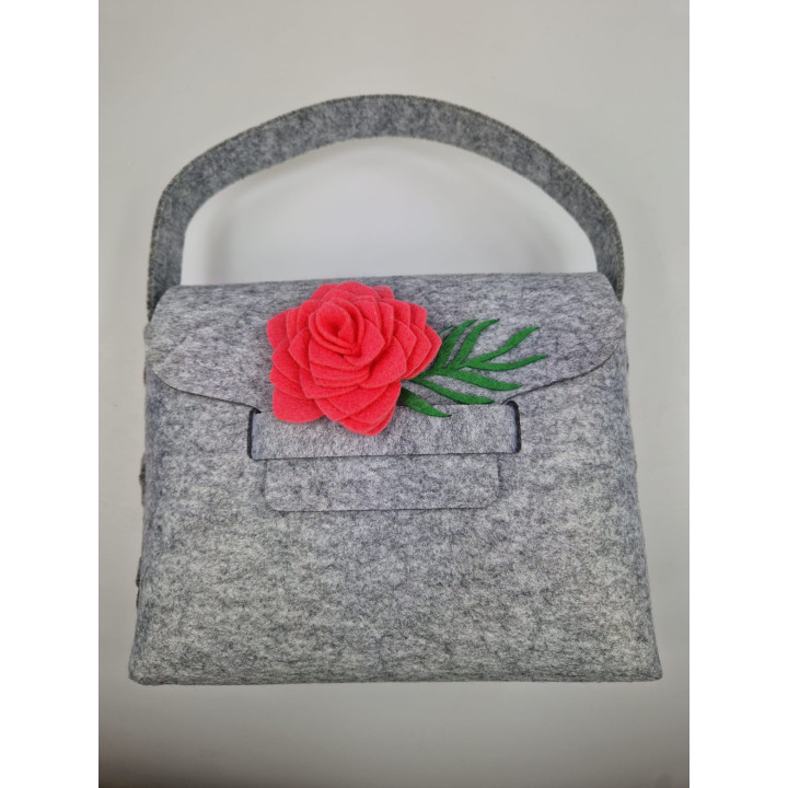 Geanta handmade fetru gri cu trandafir rosu mare