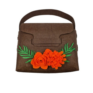 Geanta handmade fetru maro cu flori portocalii decorative