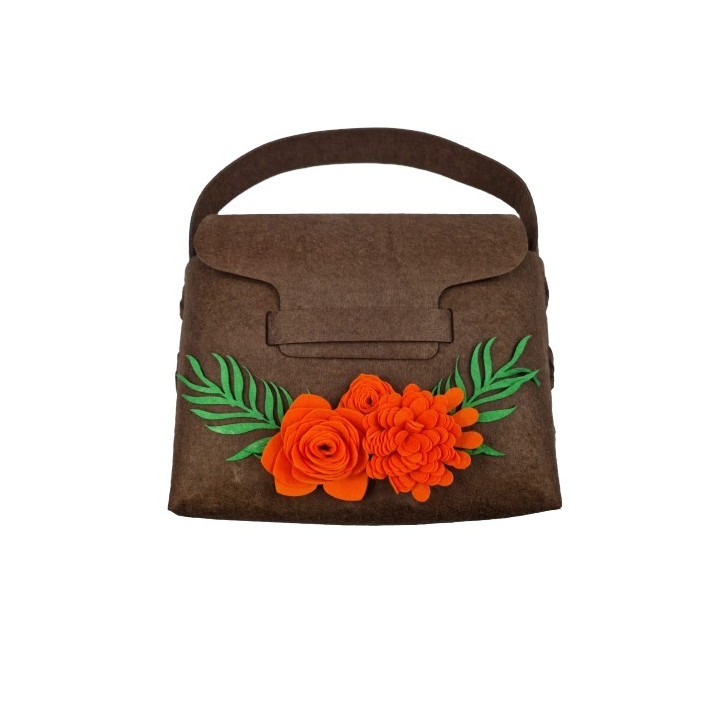 Geanta handmade fetru maro cu flori portocalii decorative