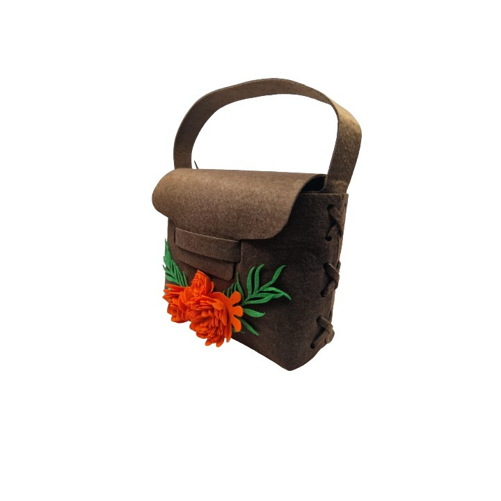 Geanta handmade fetru maro cu flori portocalii decorative