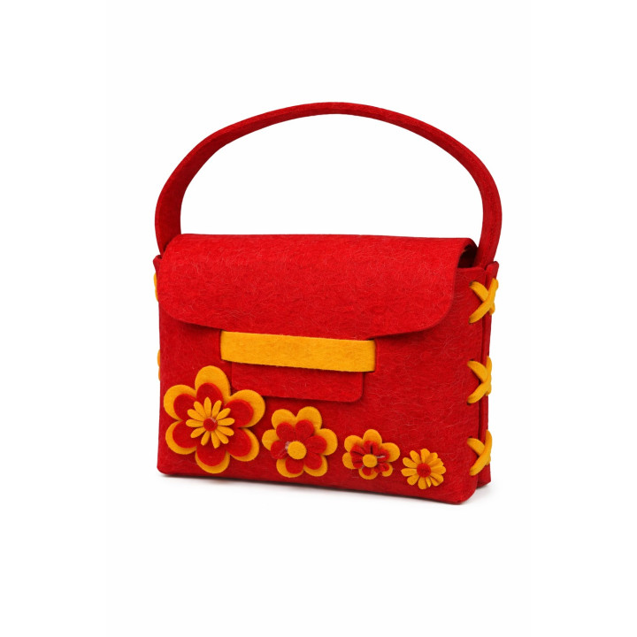 Geanta handmade fetru rosie cu flori galbene decorative