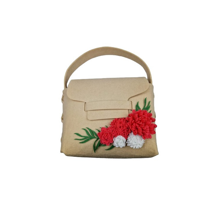 Geanta handmade fetru crem cu flori rosii si albe decorative