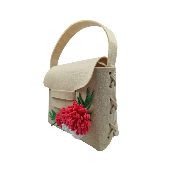 Geanta handmade fetru crem cu flori rosii si albe decorative