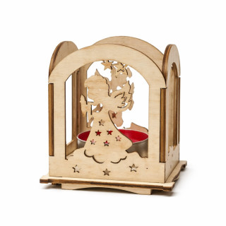 Suport lumanare tip felinar din lemn de plop cu inger decorativ