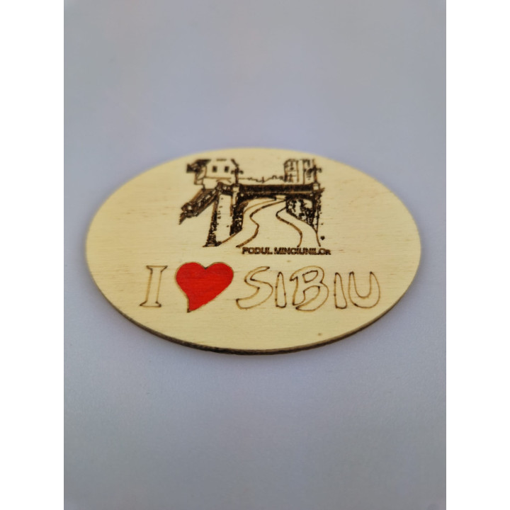 Holz-Souvenirmagnet I Love Sibiu - Lügenbrücke, graviert