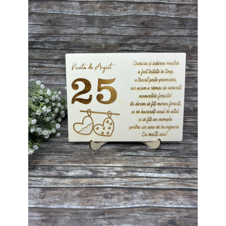 Placheta cadou Nunta de Argint 25 ani din lemn gravat