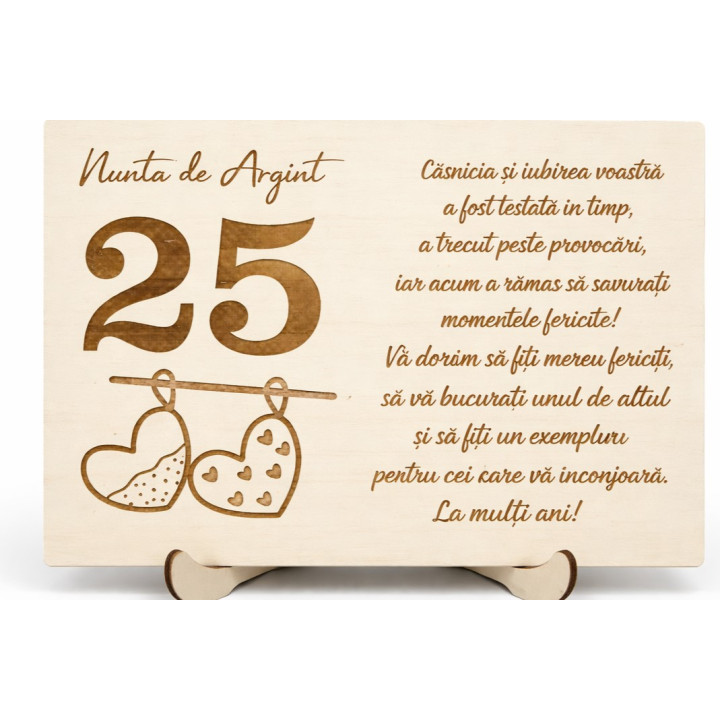 Placheta cadou Nunta de Argint 25 ani din lemn gravat