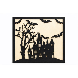Halloween Wanddeko Holz – Spukschloss, handgefertigt
